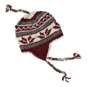 Winter Hat Ear Flaps Unisex Line Fleece 100% Wool Made In Nepal Red Cream Tassel